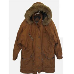⛄OTELLO PELLE Vintage 80s-90s Golden Brown Nylon Leather Fur Trim Parka Coat